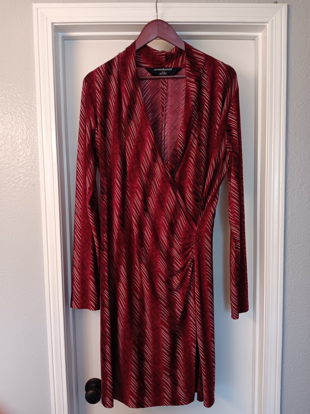 Norma Kamali Burgundy & White Diagonal-Print Long Sleeve Wrap Dress